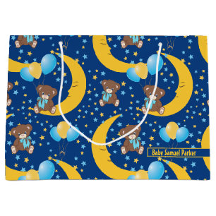 Grand Sac Cadeau Cute ours en peluche assis sur le Motif de la lune