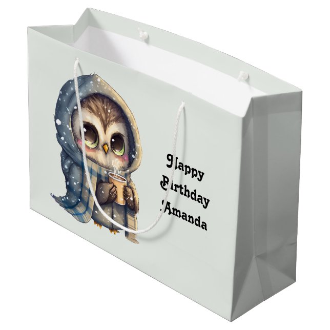 Grand Sac Cadeau Cute Owl tenant un café anniversaire (Dos Angle)