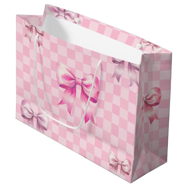 Grand Sac Cadeau Cute Pink Ribbon and Gingham Sweet Girly Pattern (Devant Angle)
