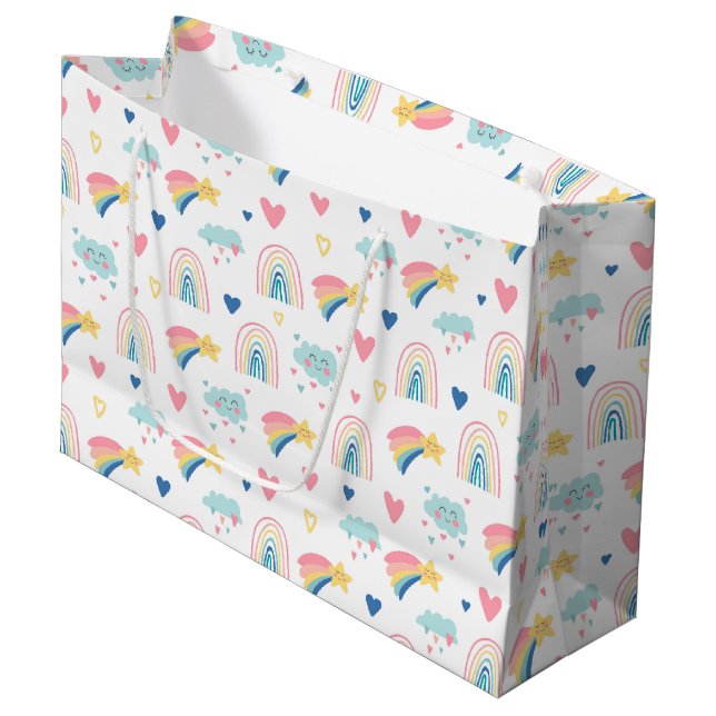 Grand Sac Cadeau Cute Rainbow Hearts & Clouds Motif (Devant Angle)