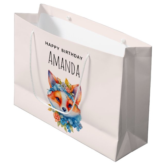 Grand Sac Cadeau Cute Renard orange avec Couronne florale Anniversa (Devant Angle)