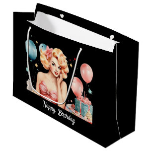 Grand Sac Cadeau Cute retro lady Joyeux anniversaire personnalisabl