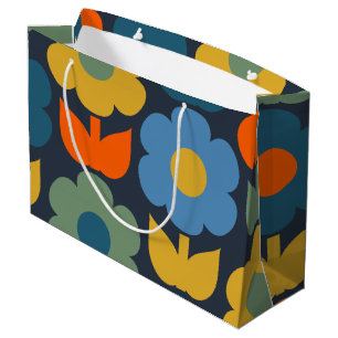Grand Sac Cadeau Cute Scandi Retro Moderne Motif Floral Bleu