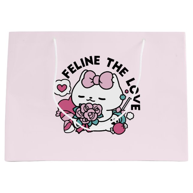 Grand Sac Cadeau Cute Valentine's Cat Design - Feline the Love (Devant)