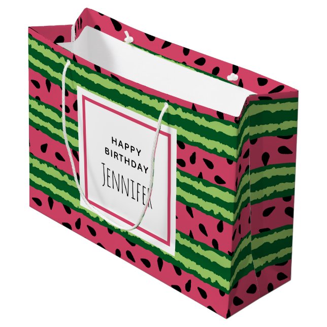 Grand Sac Cadeau Cute Watermelon Motif rose et vert Anniversaire (Devant Angle)