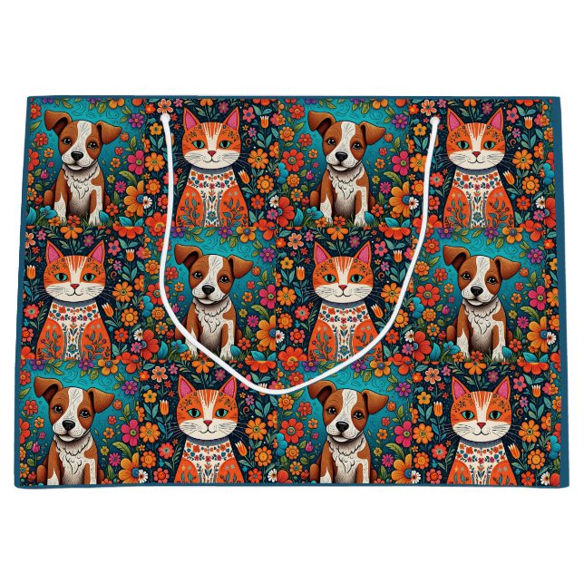 Grand Sac Cadeau Cute Whimsical Folk Art Chat et chien et fleurs (Devant)