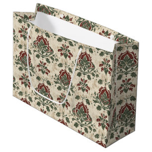 Grand Sac Cadeau Damassé Ornemental Rouge Vert Texture Vintage