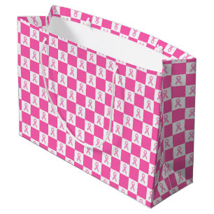 Grand Sac Cadeau Damier Ruban Rose – Sensibilisation au Cancer du S