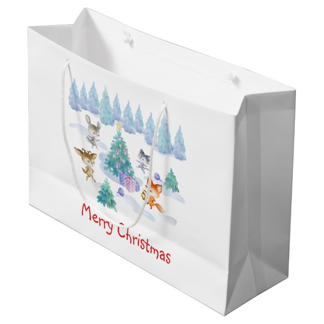 Grand Sac Cadeau Danse Animaux de forêt Noël Aquarelle (Devant Angle)