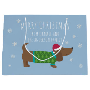 Grand Sac Cadeau Daschund et Snowflakes Carton bleu