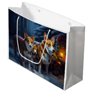 Grand Sac Cadeau Décor de Noël Basenji Snowy Sleigh