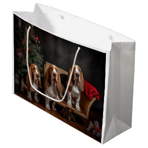 Grand Sac Cadeau Décor de Noël Basset Hound Snowy Sleigh