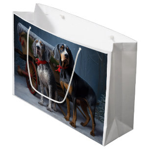Grand Sac Cadeau Décor de Noël Bluetick Coonhound Snowy Sleigh
