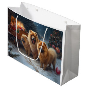 Grand Sac Cadeau Décor de Noël Chow Chow Snowy Sleigh