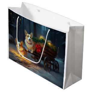 Grand Sac Cadeau Décor de Noël Corgi Snowy Sleigh