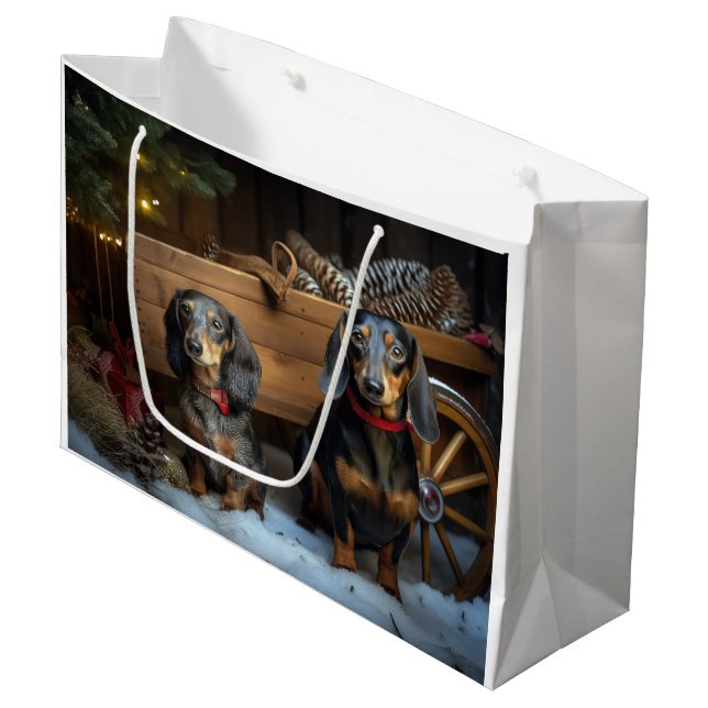 Grand Sac Cadeau Décor de Noël Dachshund Snowy Sleigh (Devant Angle)