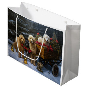 Grand Sac Cadeau Décor de Noël Goldendoodle Snowy Sleigh