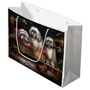 Grand Sac Cadeau Décor de Noël Lhasa Apso Snowy Sleigh