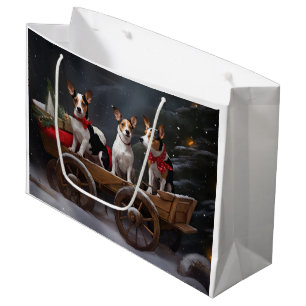 Grand Sac Cadeau Décor de Noël Rat Terrier Snowy Sleigh