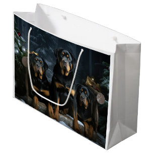 Grand Sac Cadeau Décor de Noël Rottweiler Snowy Sleigh