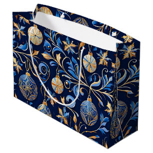 Grand Sac Cadeau Décors de Noël ornementaux bleu et or