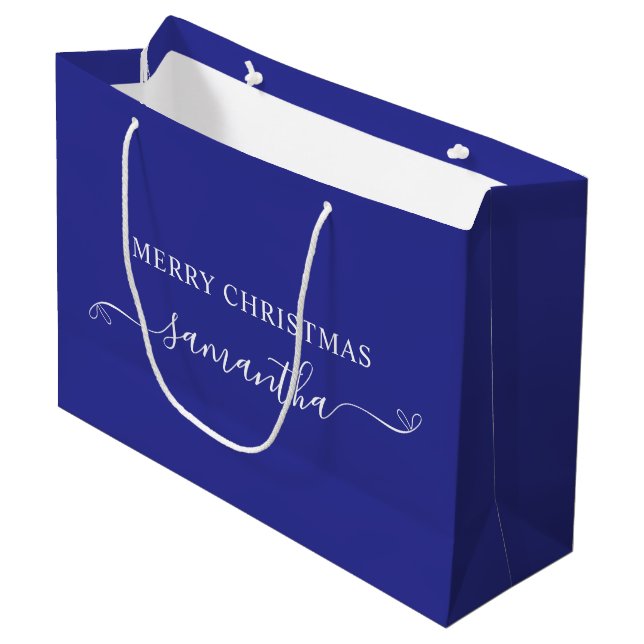 Grand Sac Cadeau Deep Blue White Merry Christmas Bow Signature Nom (Devant Angle)