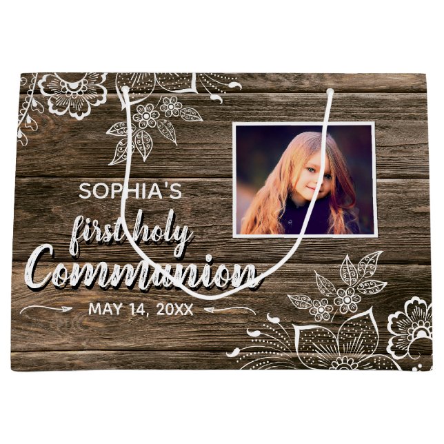 Grand Sac Cadeau Dentelle rustique en bois Première sainte communio (Devant)