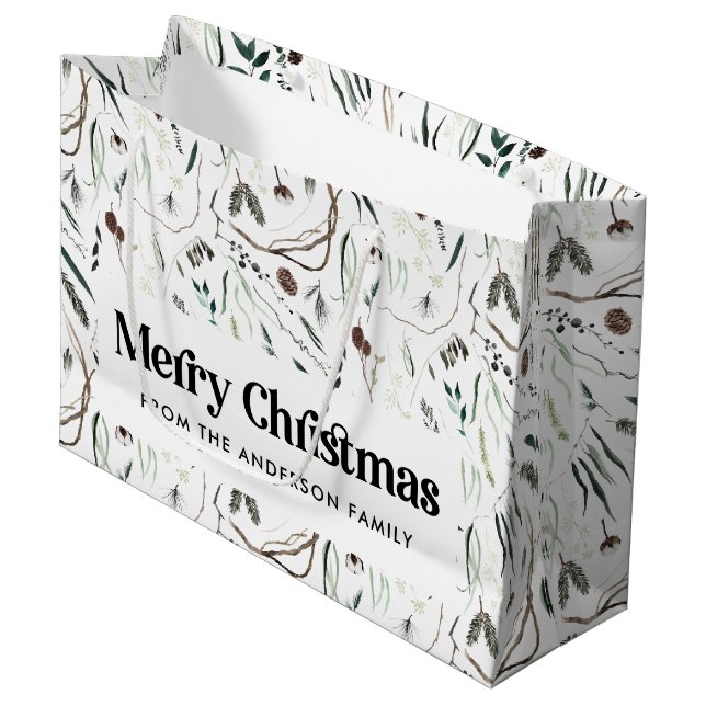 Grand Sac Cadeau Design élégant aquarelle feuillage photo Noël (Devant Angle)