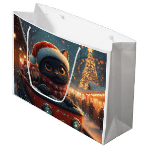 Grand Sac Cadeau Dessous de verre noir à rouleaux de chat Noël