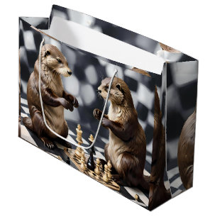 Grand Sac Cadeau Deux Otters Jouant Aux Échecs,