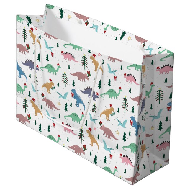 Grand Sac Cadeau Dinosaures festifs Motif de Noël (Devant Angle)