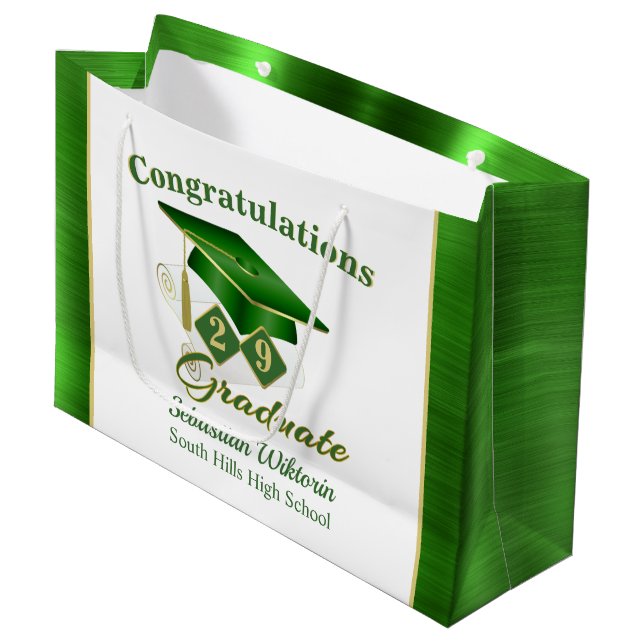 Grand Sac Cadeau Diplôme d'or vert classique personnalisé (Devant Angle)