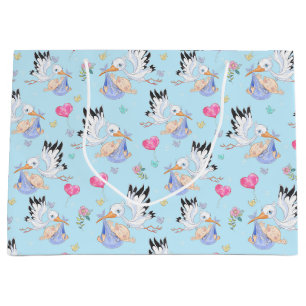 Grand Sac Cadeau Douce Nouveau Petit Garçon et Cigogne