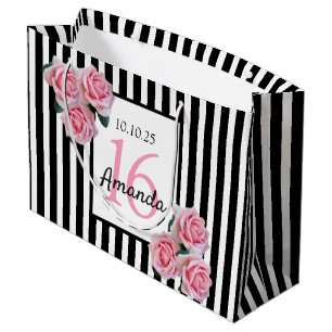 Grand Sac Cadeau Doux 16 floraux roses noir rayures blanches
