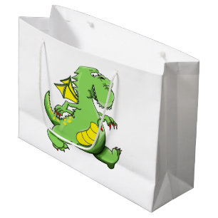 Grand Sac Cadeau Dragon vert caricature marchant sur ses pieds