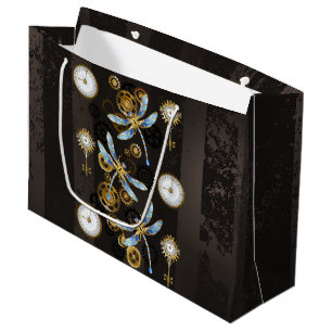 Grand Sac Cadeau Dragonflies de Steampunk sur arrière - plan rayé b