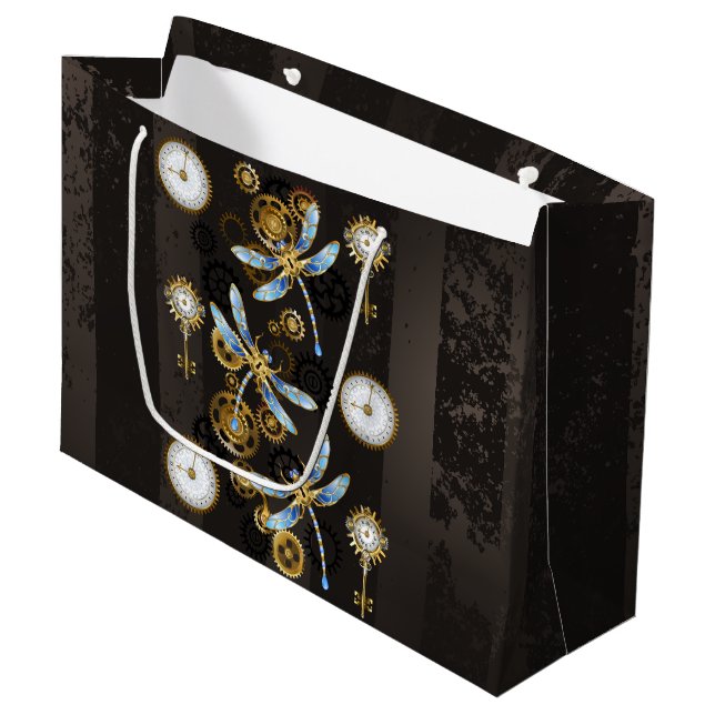 Grand Sac Cadeau Dragonflies de Steampunk sur arrière - plan rayé b (Devant Angle)