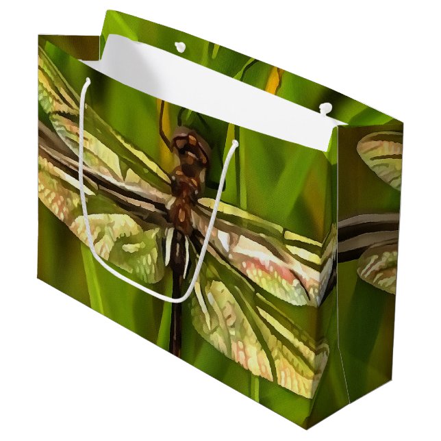 Grand Sac Cadeau Dragonfly Artistique En Brown Et Jaune Sur Vert (Devant Angle)