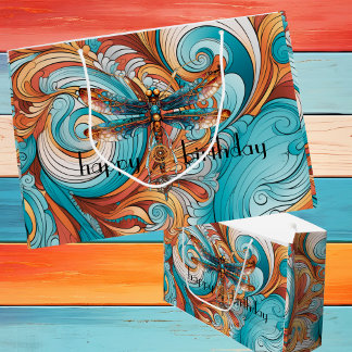 Grand Sac Cadeau Dragonfly Whimsical Steampunk en bleu et orange