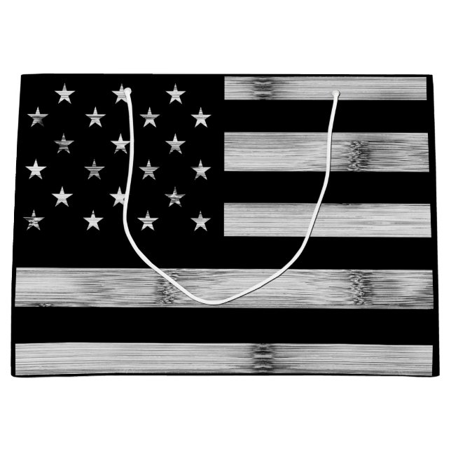 Grand Sac Cadeau Drapeau américain Bois rustique Noir Blanc Patriot (Devant)