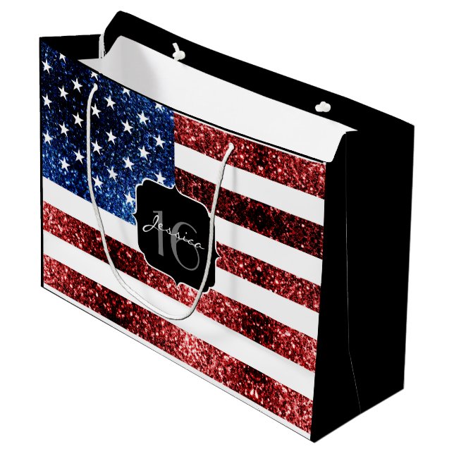 Grand Sac Cadeau Drapeau rouge bleu étincelant parties scintillant  (Devant Angle)