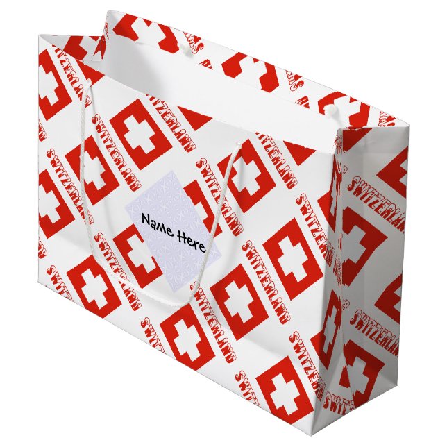 Grand Sac Cadeau Drapeau suisse avec votre nom (Devant Angle)