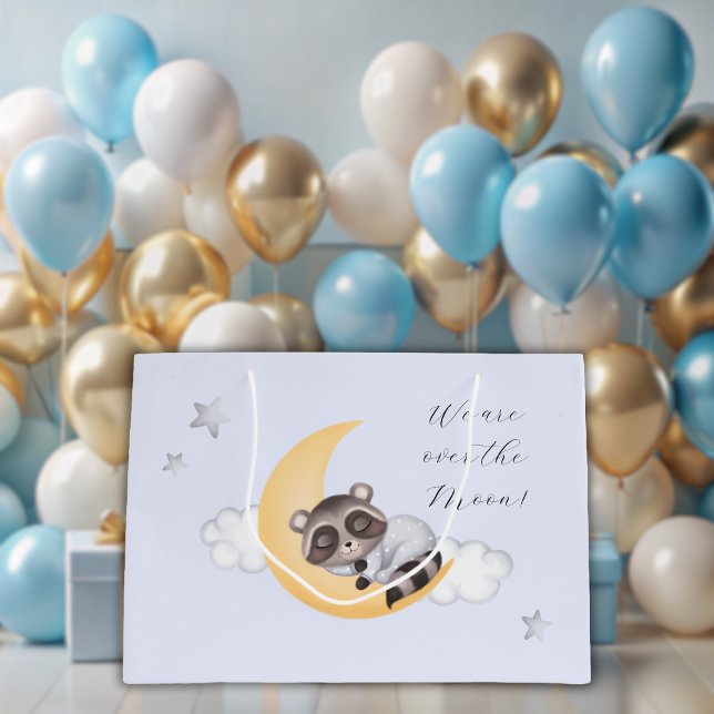 Grand Sac Cadeau Dreamy Over the Moon Raccoon Boy Baby shower (Dreamy Over the Moon Raccoon Boy Baby Shower Large Gift Bag)