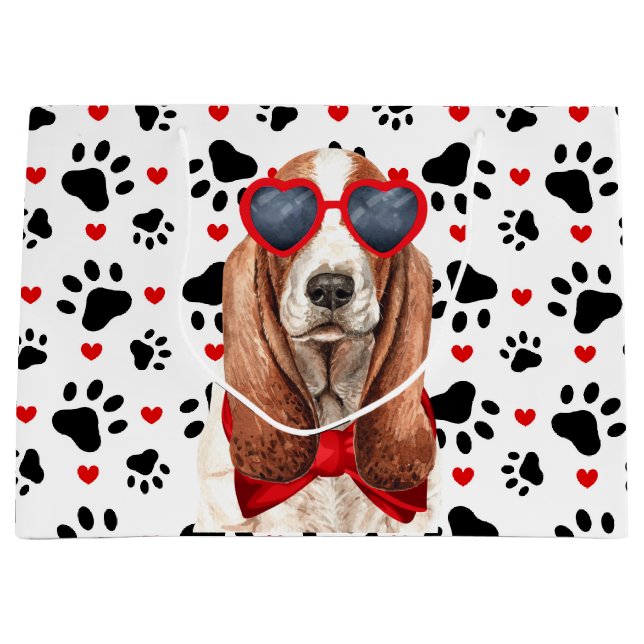 Grand Sac Cadeau Drôle Basset Hound Dog Love Red Hearts and Paws (Devant)
