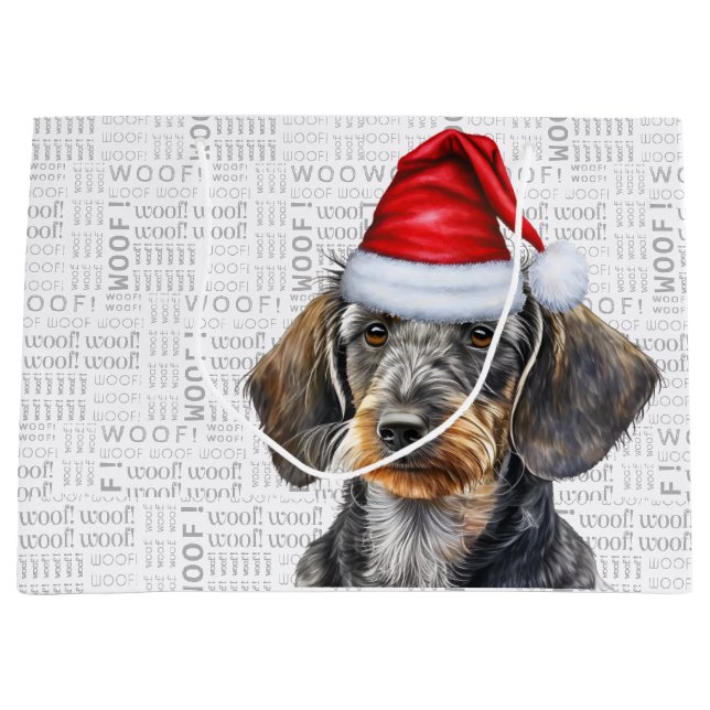 Grand Sac Cadeau Drôle Chien de Noël Wirehair Dachshund Woof Words (Devant)
