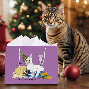 Grand Sac Cadeau Drôle de Lendemain de Nouvel An Chat Blanc