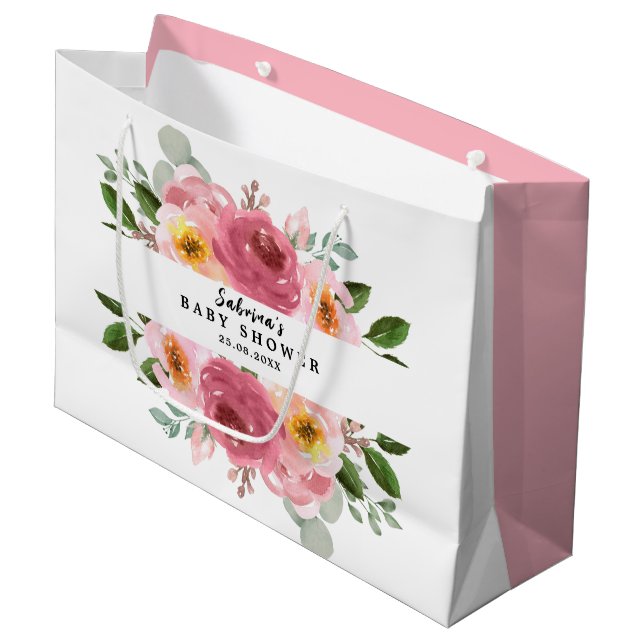 Grand Sac Cadeau Dusty Rose | Baby shower floral rose pâle (Devant Angle)