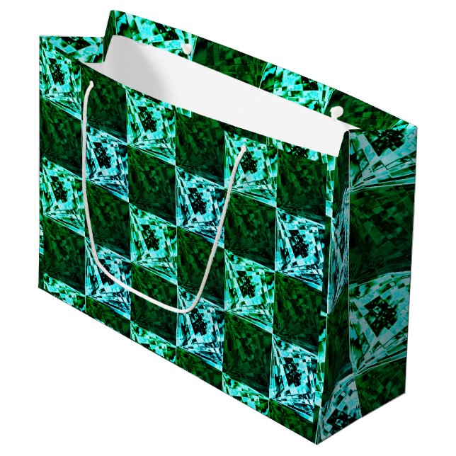 Grand Sac Cadeau Échecs ou cyan vert et bleu ciel, avec rectangle (Devant Angle)