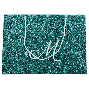 Grand Sac Cadeau Éclat de Parties scintillant Turquoise monographiq