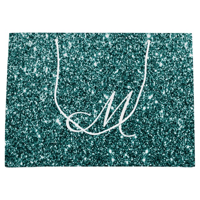 Grand Sac Cadeau Éclat de Parties scintillant Turquoise monographiq (Devant)